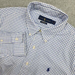 Ralph Lauren Performance Button Shirt Men's L Blue White Plaid Long Sleeve Nylon